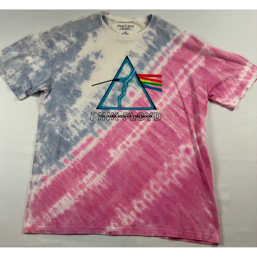 Pink Floyd T-Shirt Mens Large Pink Blue Tie Dye Dark Side of The Moon Graphic